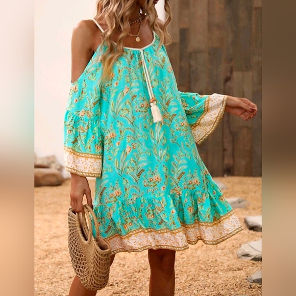 New Boho Coastal Floral Open Shoulder Mini Dress Turquoise Blue Green Tan - Picture 3 of 10